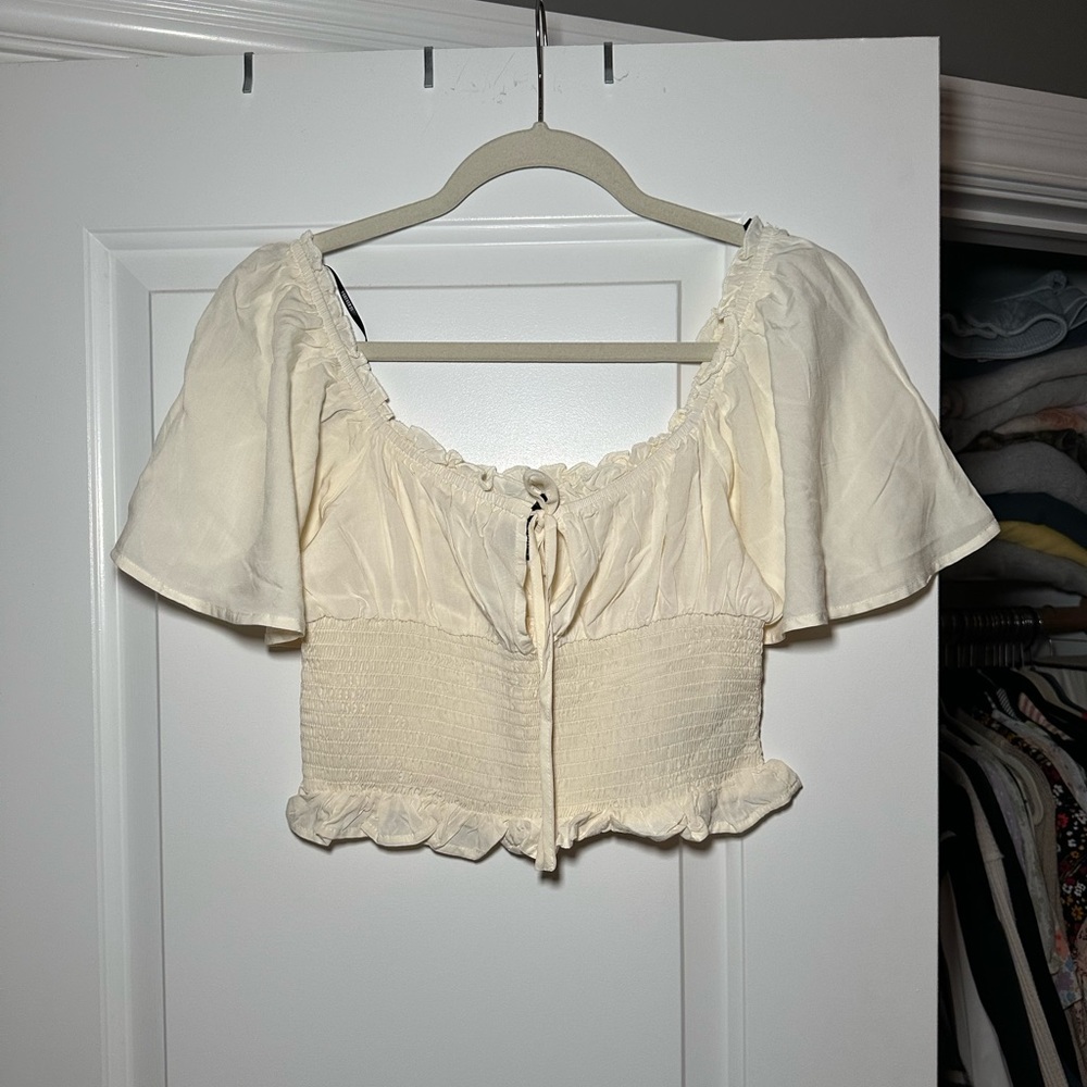 Forever 21 Cream Ruffled Tie Front Crop Blouse